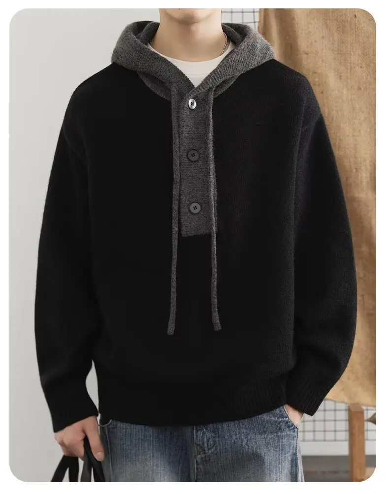 Korean Men's Knitted Hoodie Pullover 2026 Autumn Winter New Collection Color Blocked Half Open Collar Thick Hooded Sweatshirt