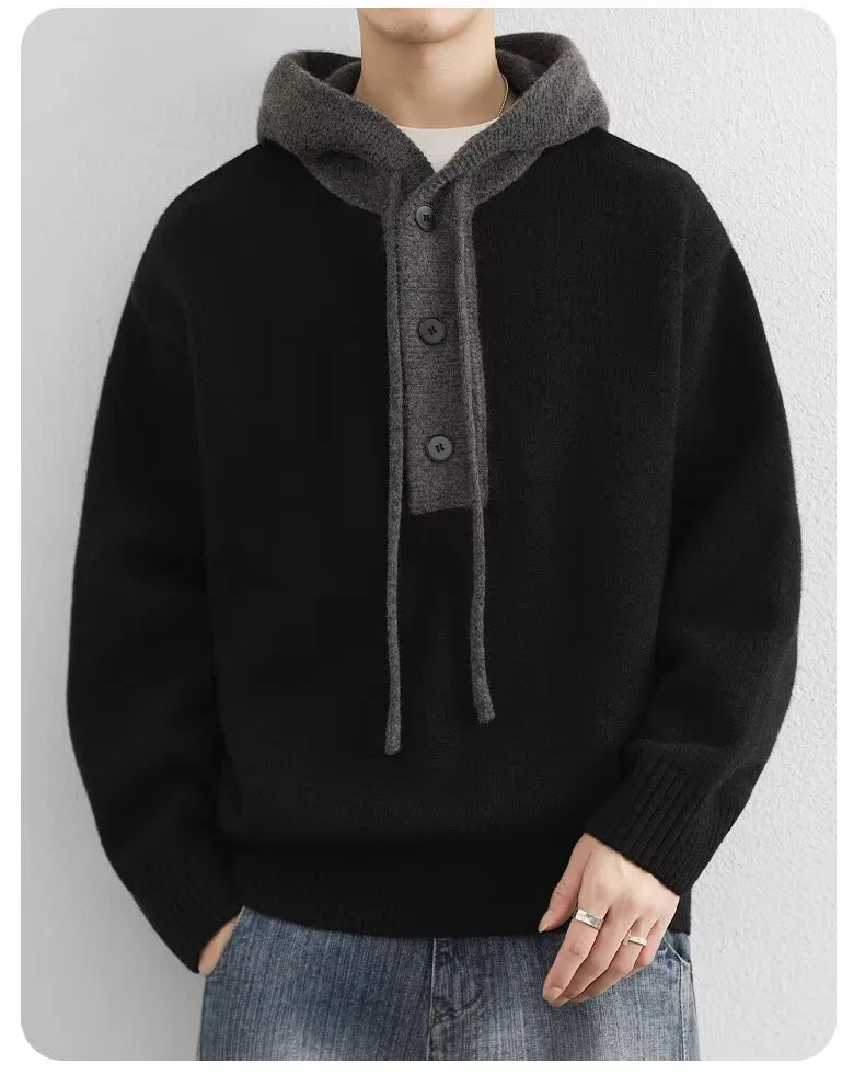 Korean Men's Knitted Hoodie Pullover 2026 Autumn Winter New Collection Color Blocked Half Open Collar Thick Hooded Sweatshirt