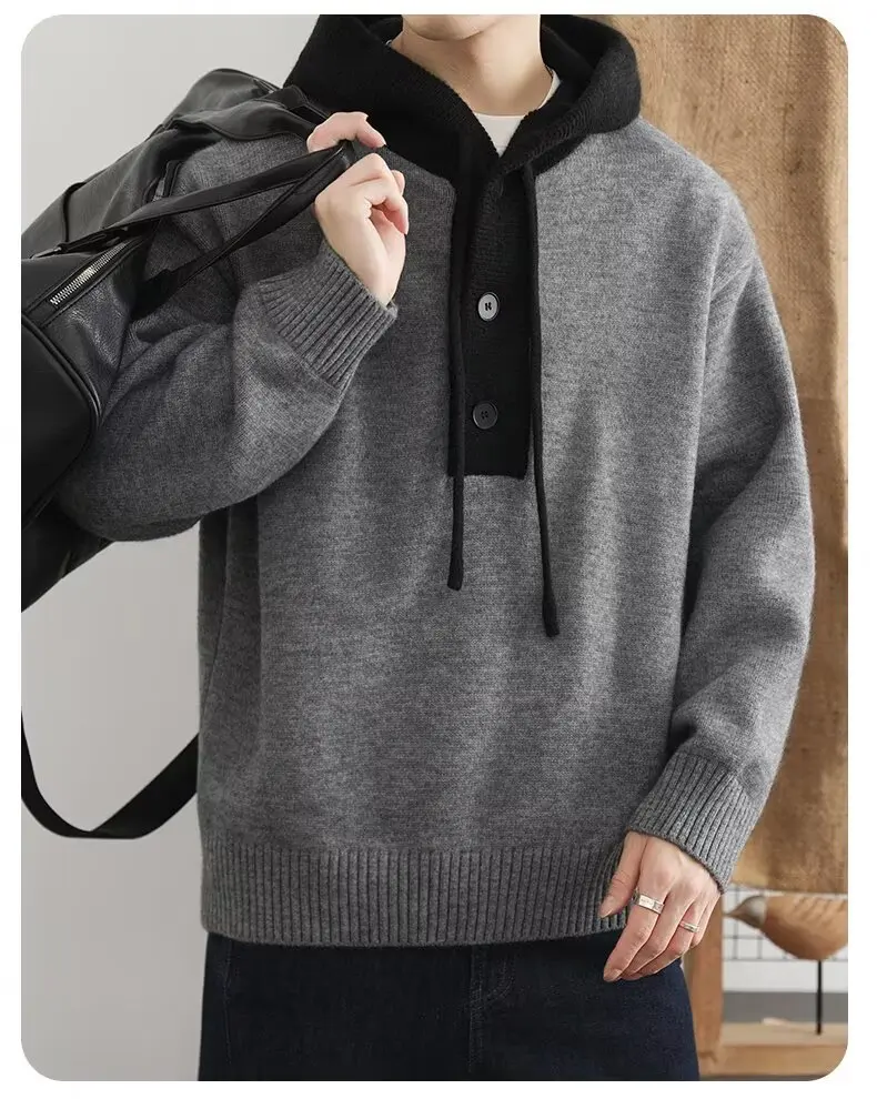 Korean Men's Knitted Hoodie Pullover 2026 Autumn Winter New Collection Color Blocked Half Open Collar Thick Hooded Sweatshirt