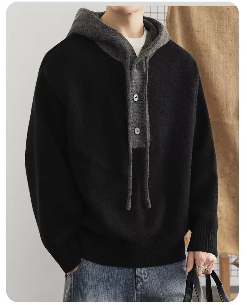 Korean Men's Knitted Hoodie Pullover 2026 Autumn Winter New Collection Color Blocked Half Open Collar Thick Hooded Sweatshirt
