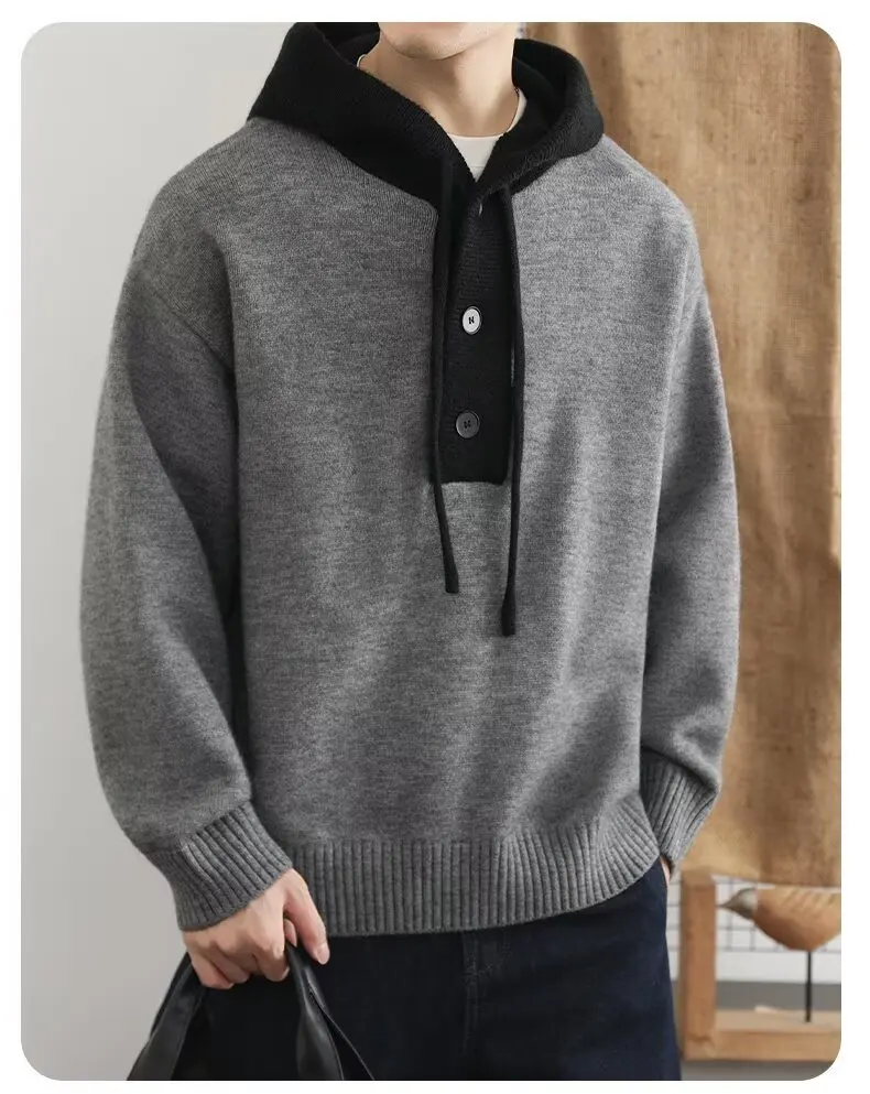 Korean Men's Knitted Hoodie Pullover 2026 Autumn Winter New Collection Color Blocked Half Open Collar Thick Hooded Sweatshirt