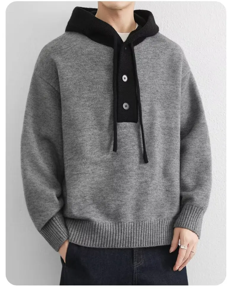 Korean Men's Knitted Hoodie Pullover 2026 Autumn Winter New Collection Color Blocked Half Open Collar Thick Hooded Sweatshirt