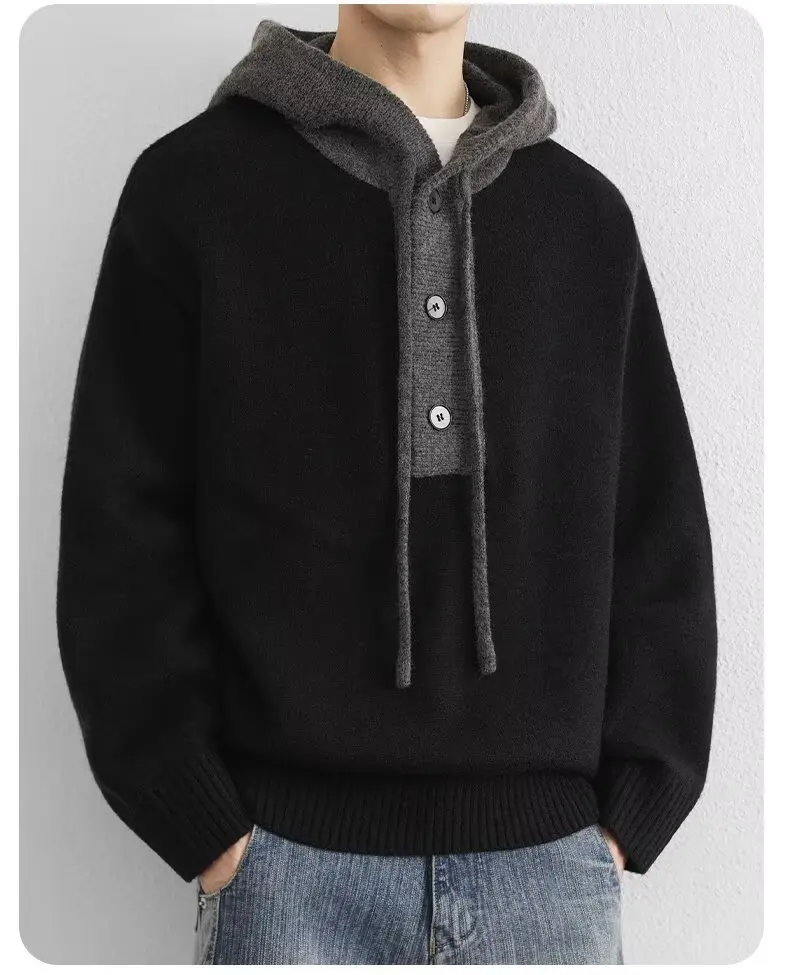 Korean Men's Knitted Hoodie Pullover 2026 Autumn Winter New Collection Color Blocked Half Open Collar Thick Hooded Sweatshirt