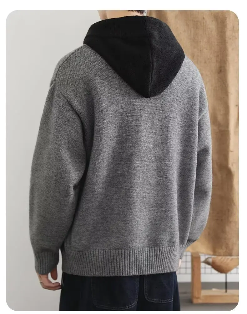 Korean Men's Knitted Hoodie Pullover 2026 Autumn Winter New Collection Color Blocked Half Open Collar Thick Hooded Sweatshirt