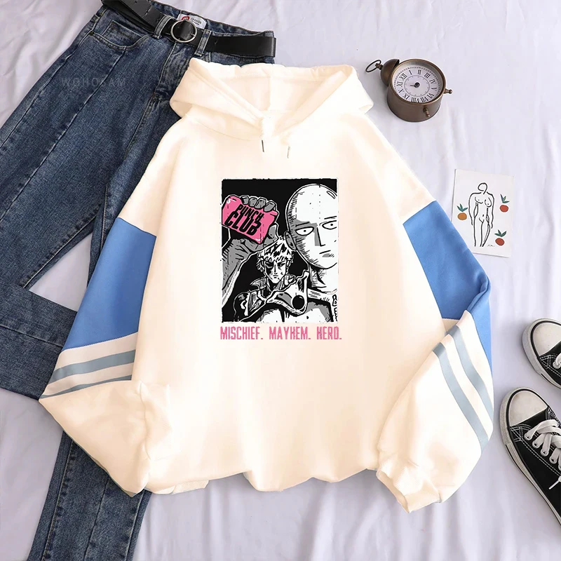 Anime ONE PUNCH-MAN Tatsumaki Fubuki Printing Hooded Men Patchwork Hoodies Casual Loose Streetwear Harajuku Male Sweatshirt