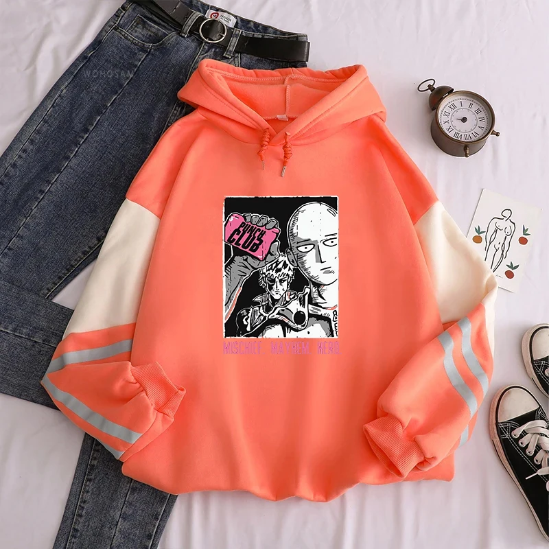 Anime ONE PUNCH-MAN Tatsumaki Fubuki Printing Hooded Men Patchwork Hoodies Casual Loose Streetwear Harajuku Male Sweatshirt