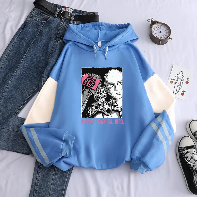 Anime ONE PUNCH-MAN Tatsumaki Fubuki Printing Hooded Men Patchwork Hoodies Casual Loose Streetwear Harajuku Male Sweatshirt