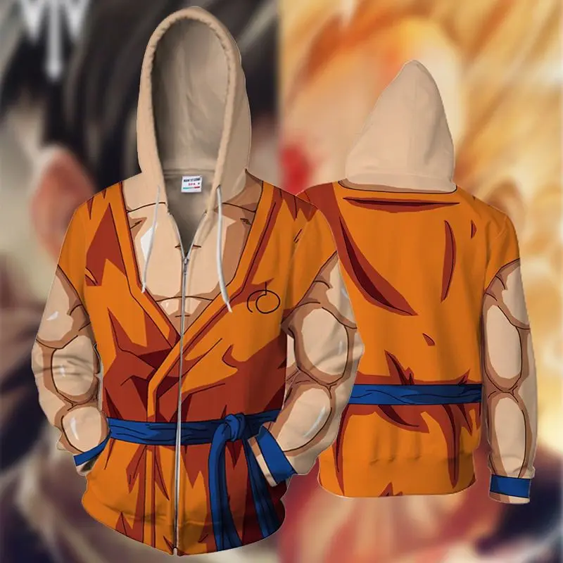 Dragon Ball Z Goku Anime 3D Print Hoodie, Unisex Pullover Zip Up Sweatshirt Cosplay Costume for Teens, Cool Graphic Streetwear