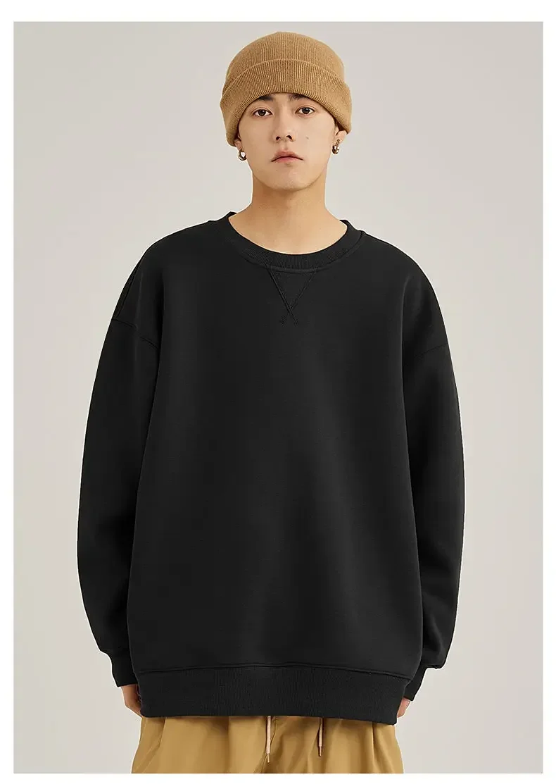 Thickened Fleece Hoodless Sweatshirt Men's round Neck Winter Casual Loose Fit Cotton Polyester Long Sleeve Self Heating