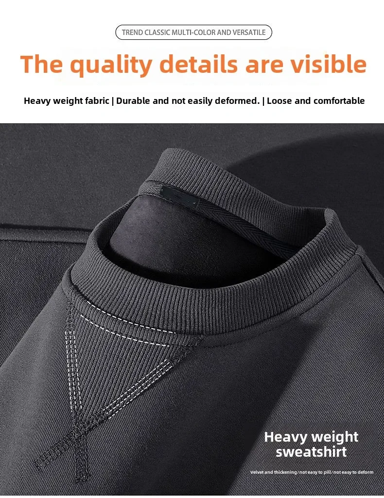Thickened Fleece Hoodless Sweatshirt Men's round Neck Winter Casual Loose Fit Cotton Polyester Long Sleeve Self Heating