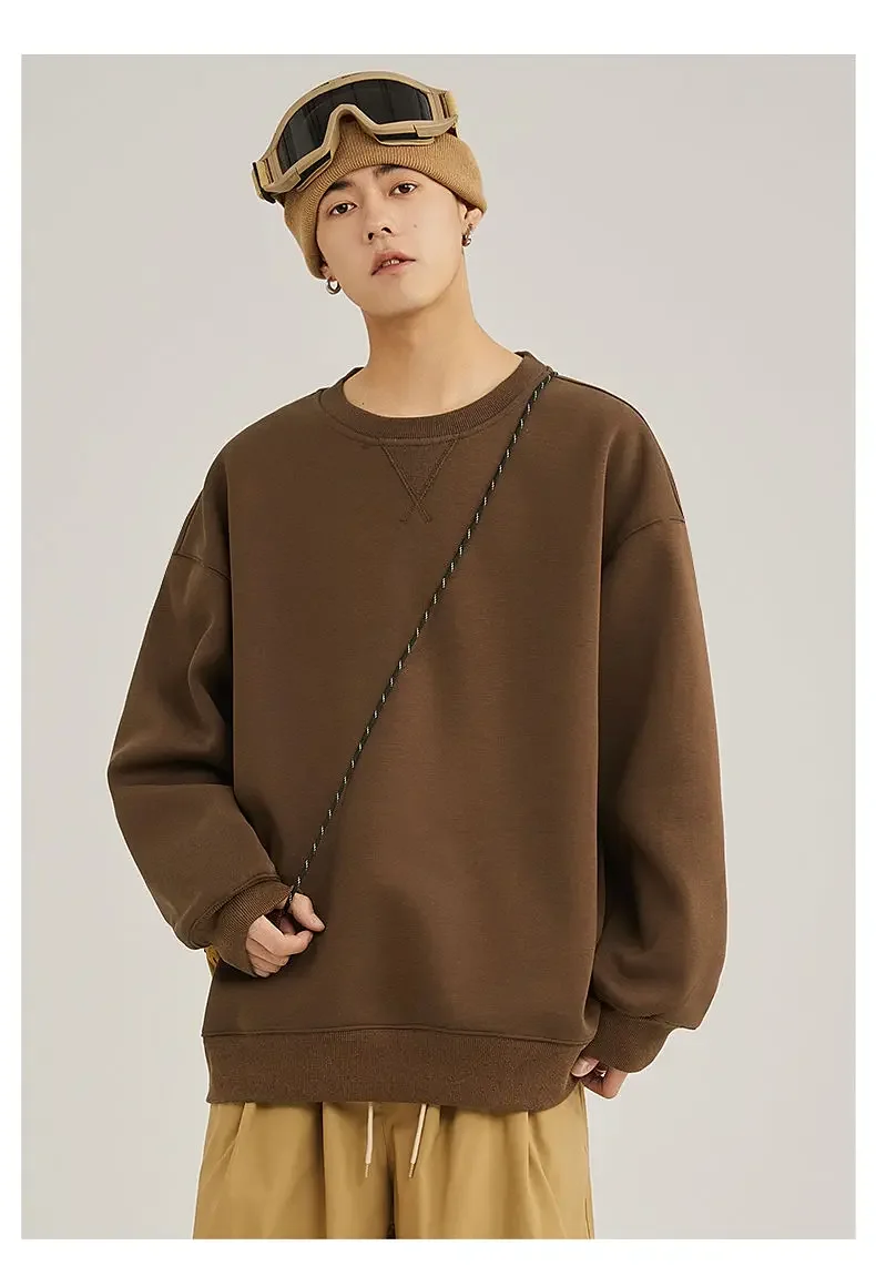 Thickened Fleece Hoodless Sweatshirt Men's round Neck Winter Casual Loose Fit Cotton Polyester Long Sleeve Self Heating