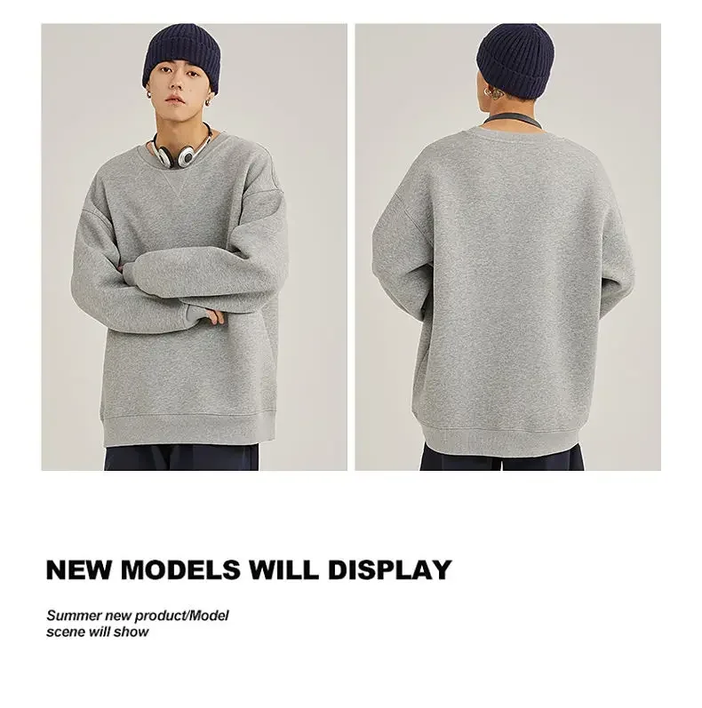 Thickened Fleece Hoodless Sweatshirt Men's round Neck Winter Casual Loose Fit Cotton Polyester Long Sleeve Self Heating