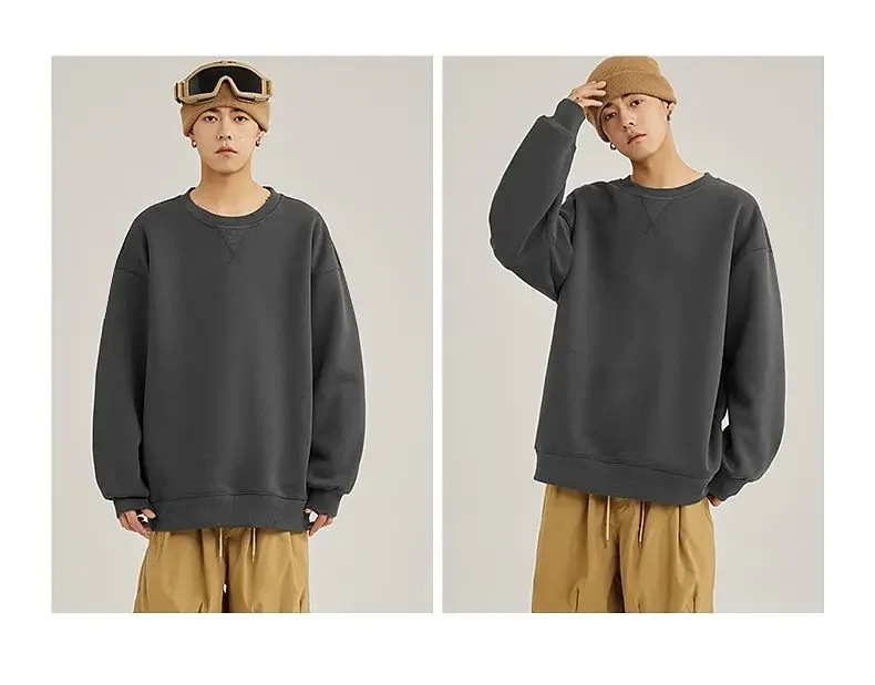 Thickened Fleece Hoodless Sweatshirt Men's round Neck Winter Casual Loose Fit Cotton Polyester Long Sleeve Self Heating