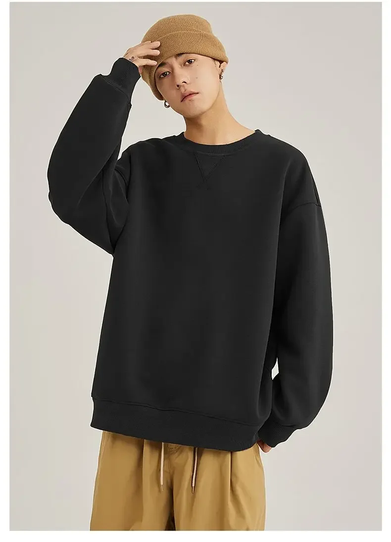 Thickened Fleece Hoodless Sweatshirt Men's round Neck Winter Casual Loose Fit Cotton Polyester Long Sleeve Self Heating
