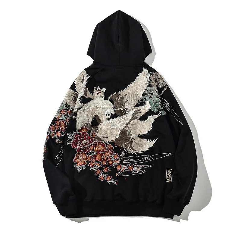 PFNW Chinese Style 2025 New Sweatshirt Men's Nine-tailed Fox Embroidery Hooded Tops Japanese Trend  Spring Loose Hoodies 28W5781