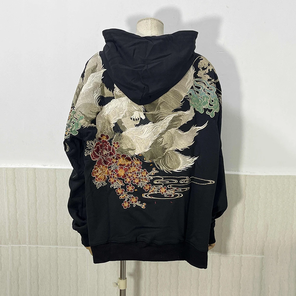 PFNW Chinese Style 2025 New Sweatshirt Men's Nine-tailed Fox Embroidery Hooded Tops Japanese Trend  Spring Loose Hoodies 28W5781