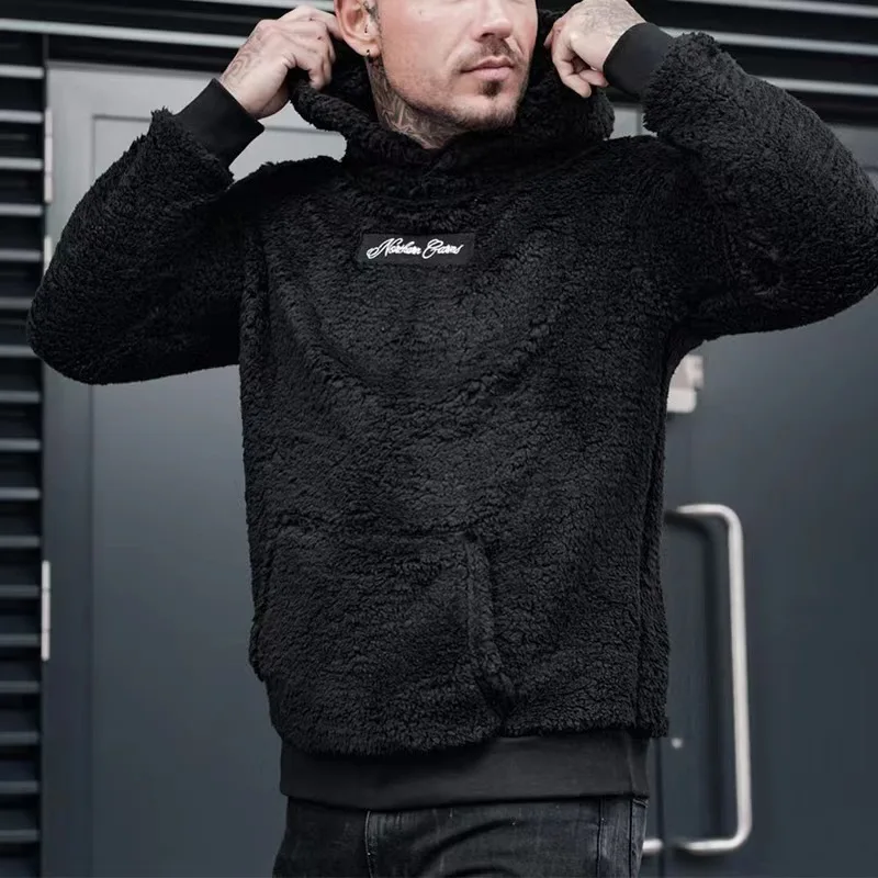 Men O-neck Plush Hoodies Soft Solid Letter Print Male Casual Basic Flannel Warm Comfort Vintage Clothing For Man Sweatshirts