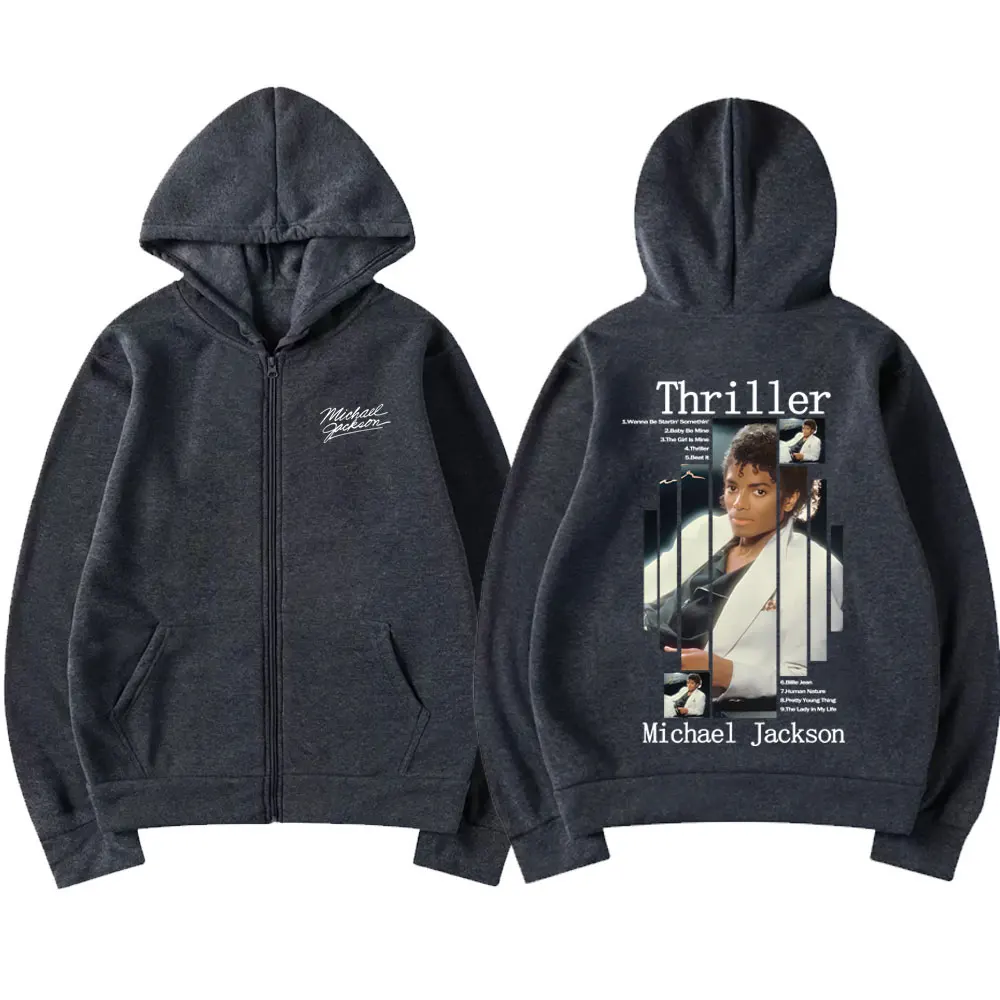 Classic Michael Jackson Thriller Album Graphic Zipper Hoodie Men Women Retro Gothic Rock Oversized Zip Up Jacket Coat Streetwear