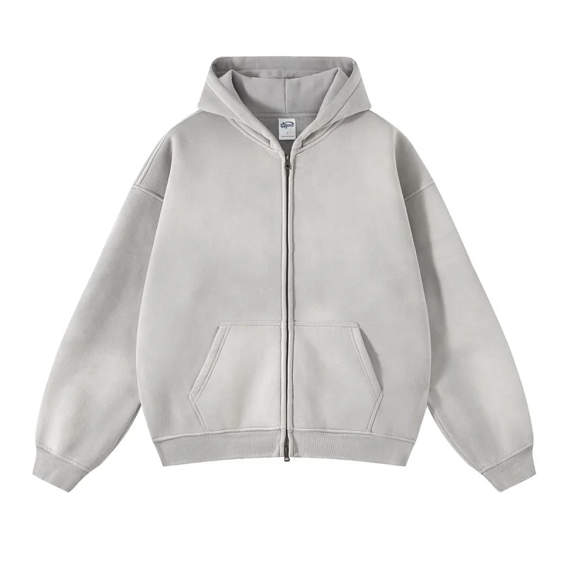 American Fried Street Insoversize Cardigan Sweater Men and Women Loose Old Zipper Fleece Hooded Lazy Jacket