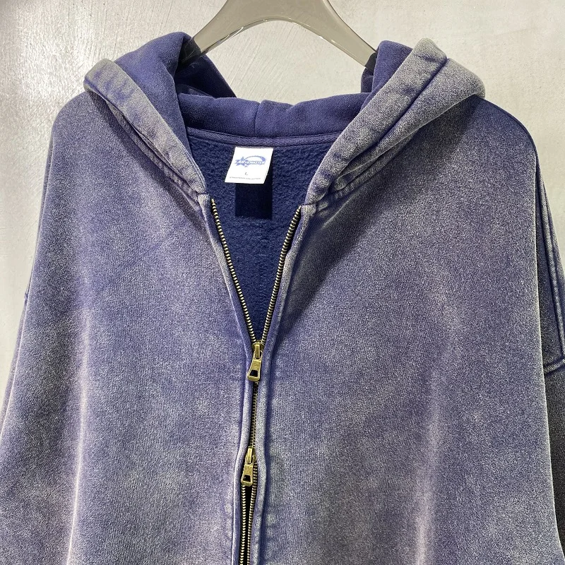 American Fried Street Insoversize Cardigan Sweater Men and Women Loose Old Zipper Fleece Hooded Lazy Jacket