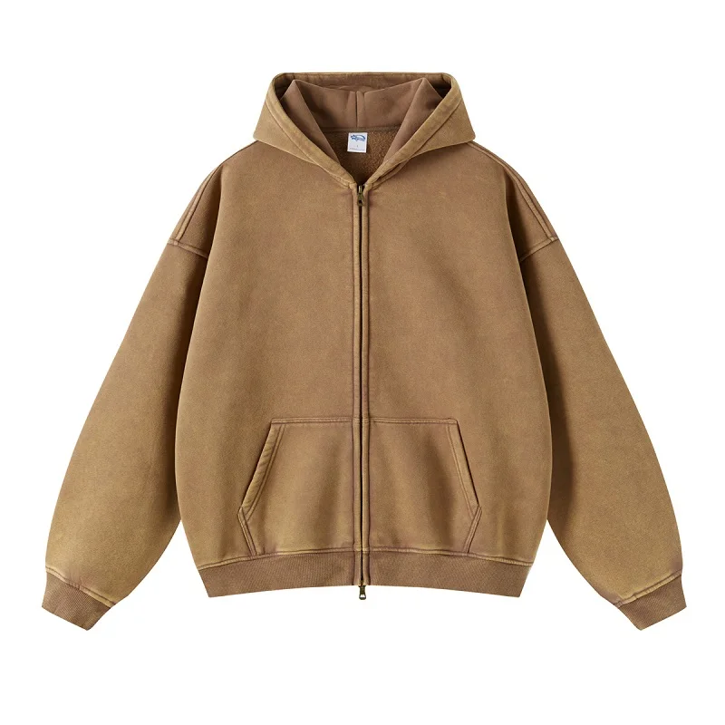 American Fried Street Insoversize Cardigan Sweater Men and Women Loose Old Zipper Fleece Hooded Lazy Jacket