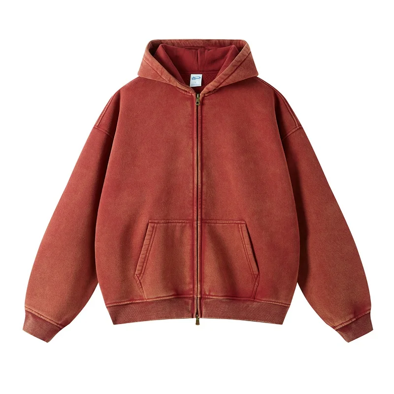 American Fried Street Insoversize Cardigan Sweater Men and Women Loose Old Zipper Fleece Hooded Lazy Jacket