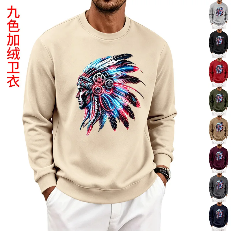 Men's Autumn And Winter Fleece Crew Neck Sweater Feather Print Long Sleeve Top Men's