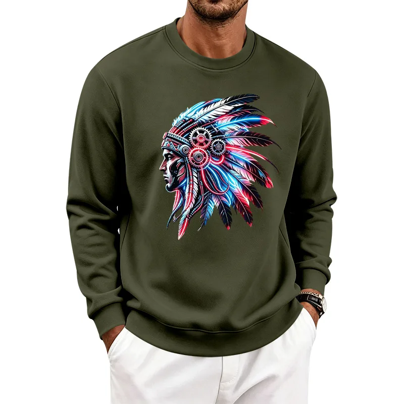 Men's Autumn And Winter Fleece Crew Neck Sweater Feather Print Long Sleeve Top Men's