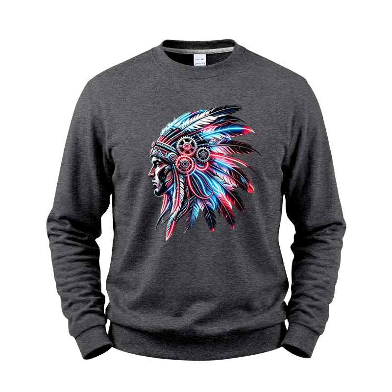 Men's Autumn And Winter Fleece Crew Neck Sweater Feather Print Long Sleeve Top Men's