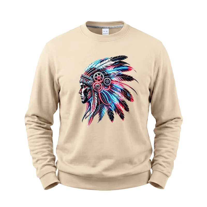 Men's Autumn And Winter Fleece Crew Neck Sweater Feather Print Long Sleeve Top Men's