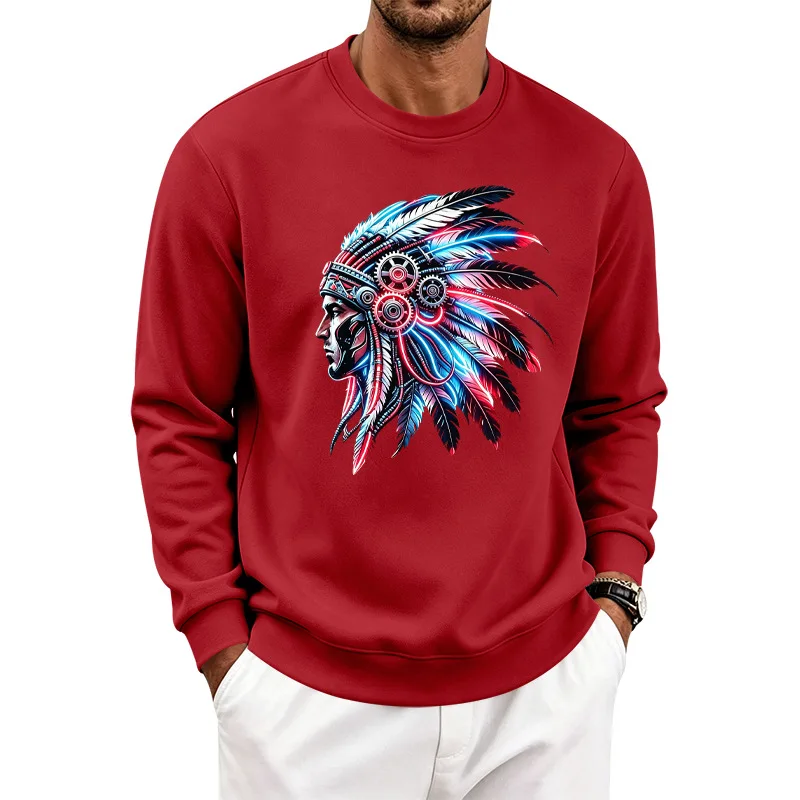 Men's Autumn And Winter Fleece Crew Neck Sweater Feather Print Long Sleeve Top Men's