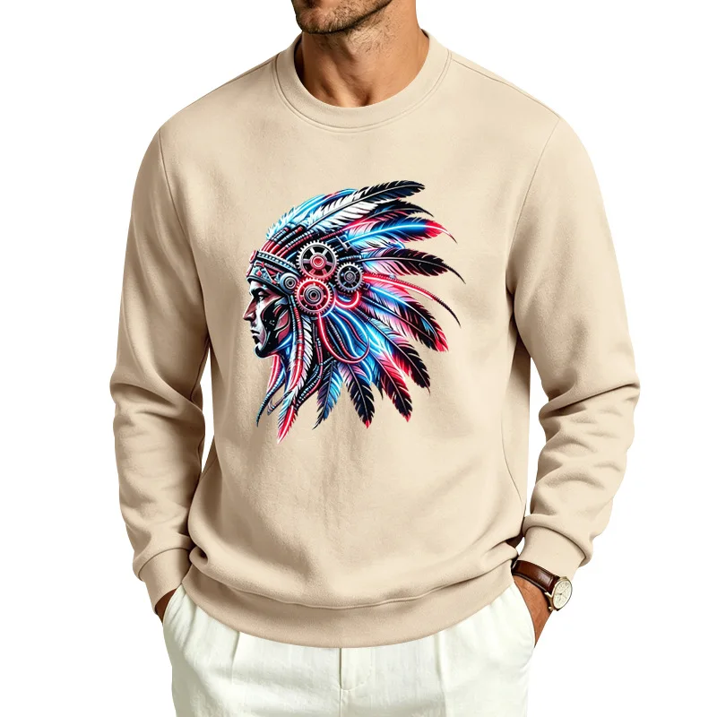 Men's Autumn And Winter Fleece Crew Neck Sweater Feather Print Long Sleeve Top Men's