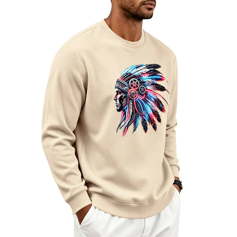 Men's Autumn And Winter Fleece Crew Neck Sweater Feather Print Long Sleeve Top Men's