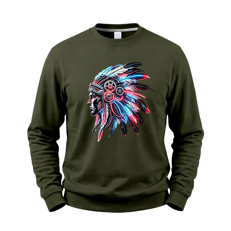 Men's Autumn And Winter Fleece Crew Neck Sweater Feather Print Long Sleeve Top Men's