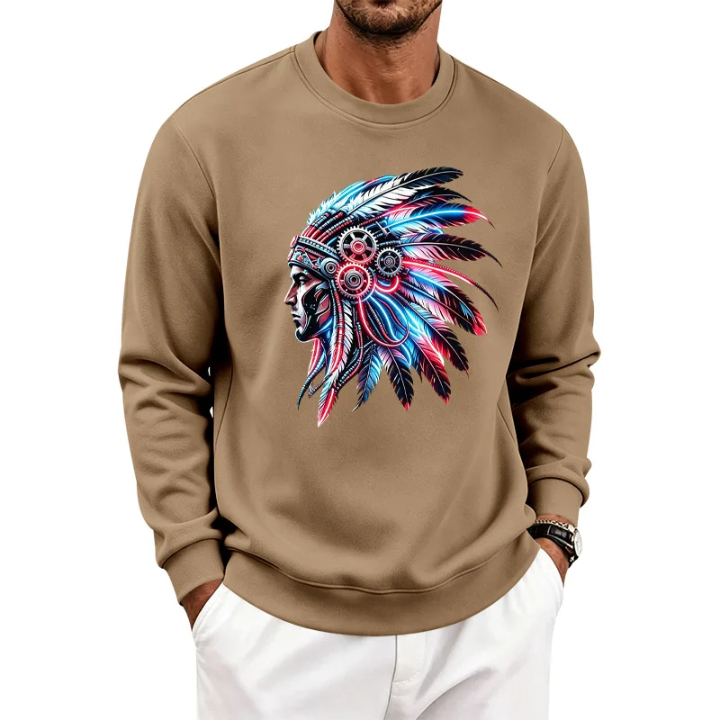 Men's Autumn And Winter Fleece Crew Neck Sweater Feather Print Long Sleeve Top Men's