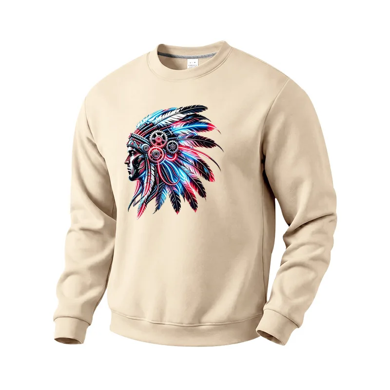 Men's Autumn And Winter Fleece Crew Neck Sweater Feather Print Long Sleeve Top Men's