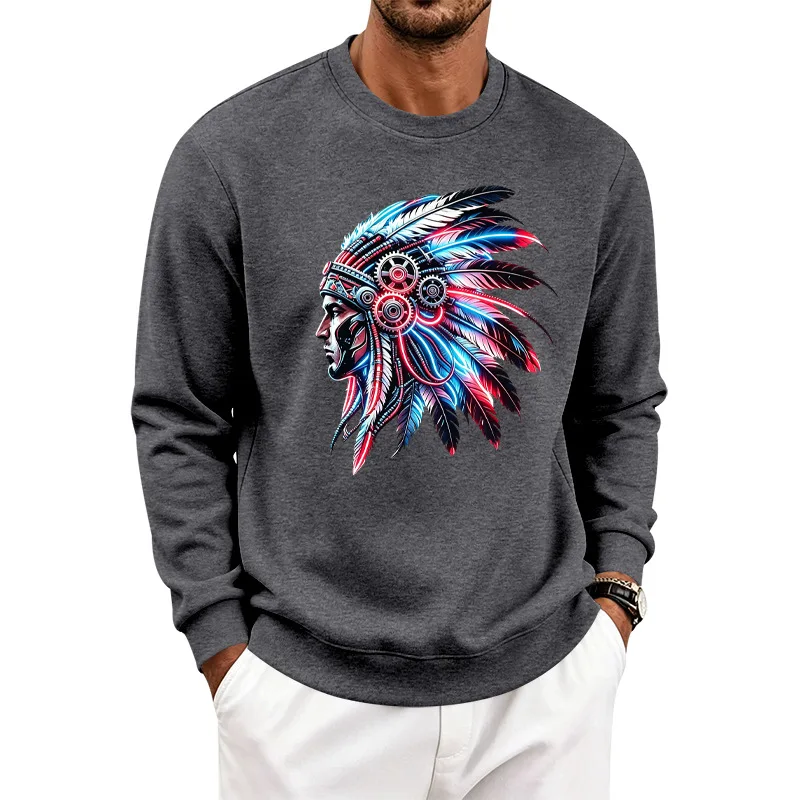 Men's Autumn And Winter Fleece Crew Neck Sweater Feather Print Long Sleeve Top Men's