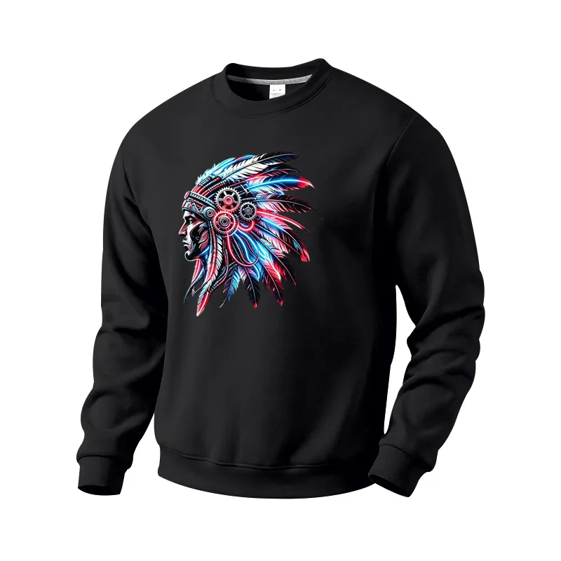 Men's Autumn And Winter Fleece Crew Neck Sweater Feather Print Long Sleeve Top Men's