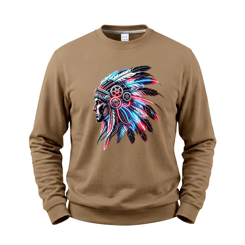 Men's Autumn And Winter Fleece Crew Neck Sweater Feather Print Long Sleeve Top Men's