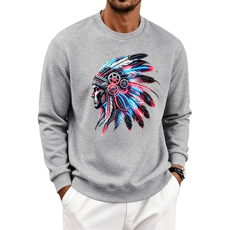 Men's Autumn And Winter Fleece Crew Neck Sweater Feather Print Long Sleeve Top Men's