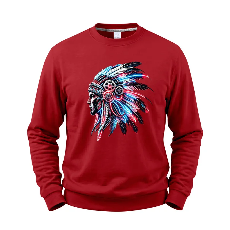 Men's Autumn And Winter Fleece Crew Neck Sweater Feather Print Long Sleeve Top Men's
