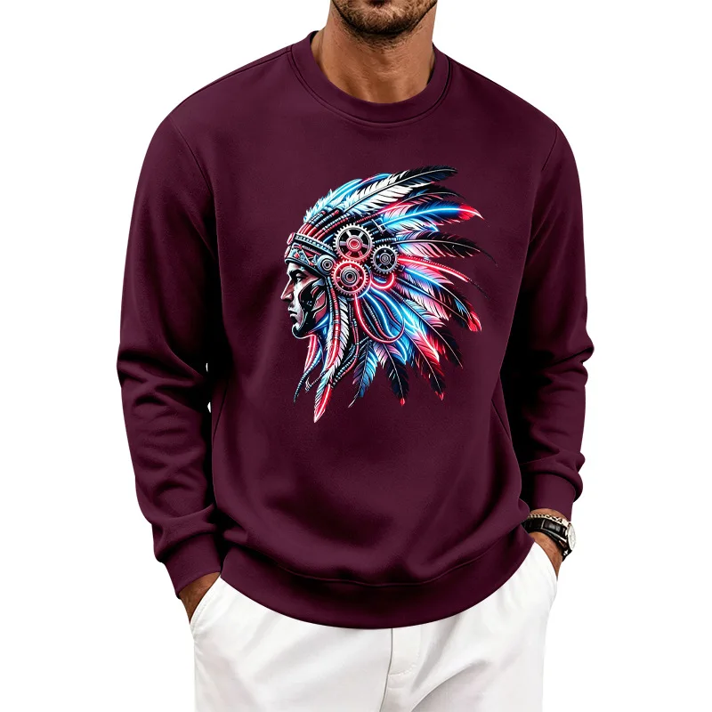 Men's Autumn And Winter Fleece Crew Neck Sweater Feather Print Long Sleeve Top Men's