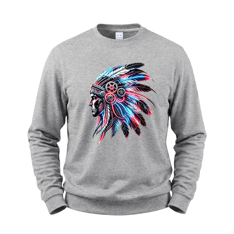 Men's Autumn And Winter Fleece Crew Neck Sweater Feather Print Long Sleeve Top Men's