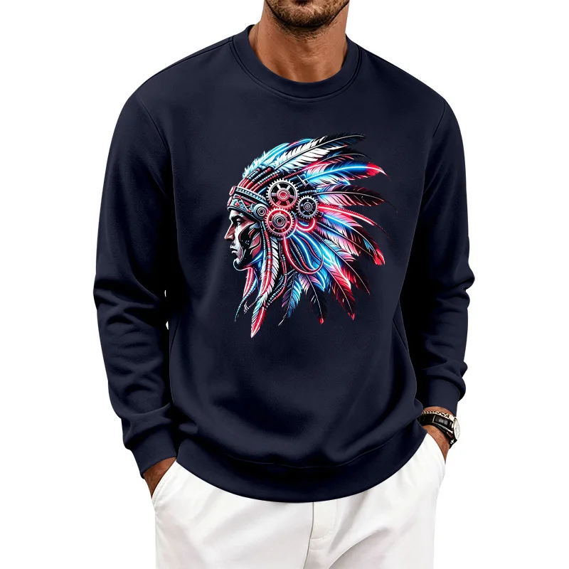 Men's Autumn And Winter Fleece Crew Neck Sweater Feather Print Long Sleeve Top Men's