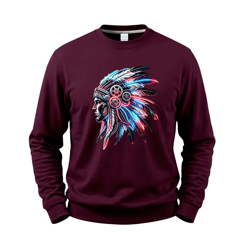 Men's Autumn And Winter Fleece Crew Neck Sweater Feather Print Long Sleeve Top Men's