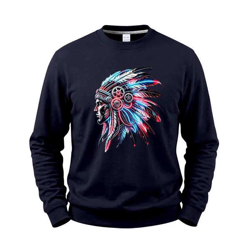 Men's Autumn And Winter Fleece Crew Neck Sweater Feather Print Long Sleeve Top Men's