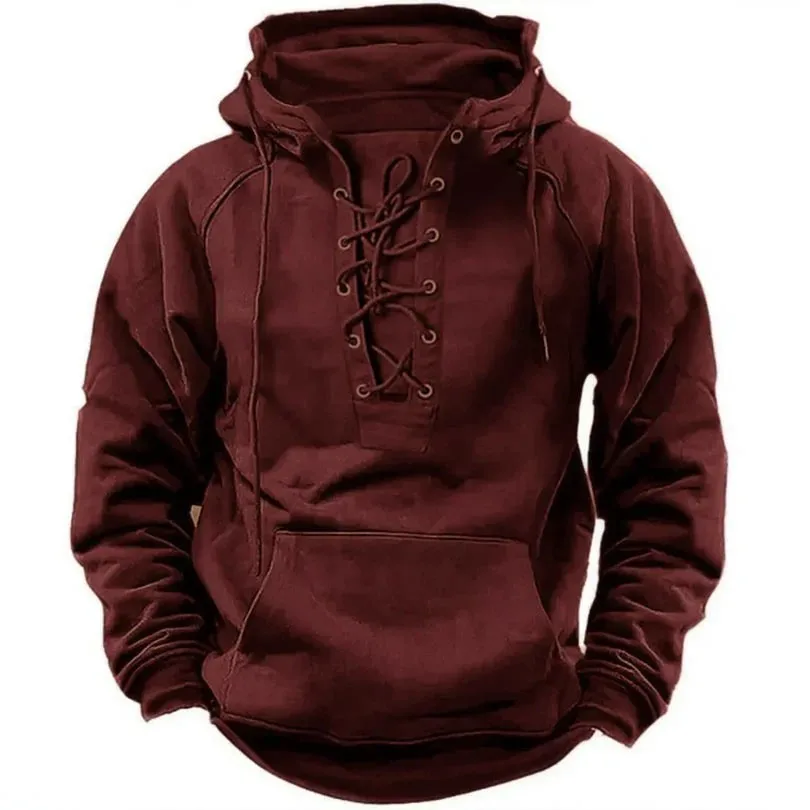 Spring And Autumn New Men's Hooded Solid Color Sweater Blue Sports Multi-Pocket Leather Sweater Tooling