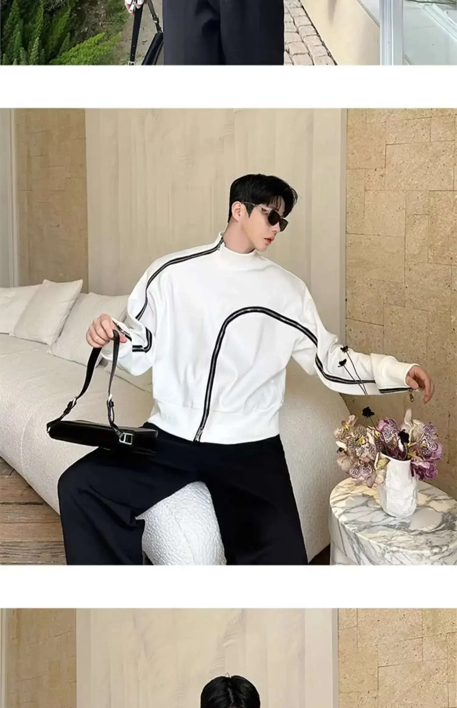 Men's Fashion Short Style Temperament Bottom Shirt Personalized Zipper Design Long Sleeve T-shirts