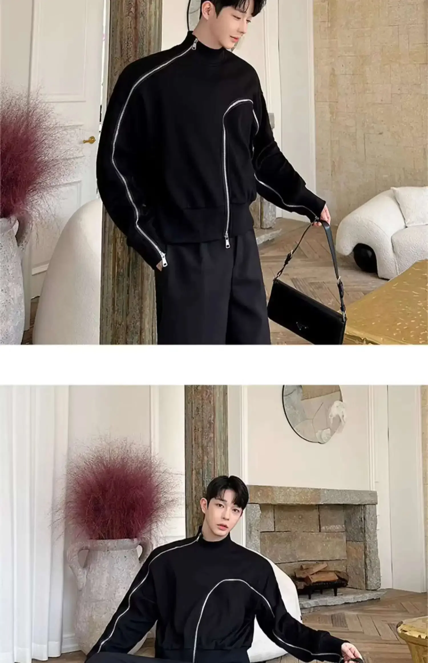 Men's Fashion Short Style Temperament Bottom Shirt Personalized Zipper Design Long Sleeve T-shirts