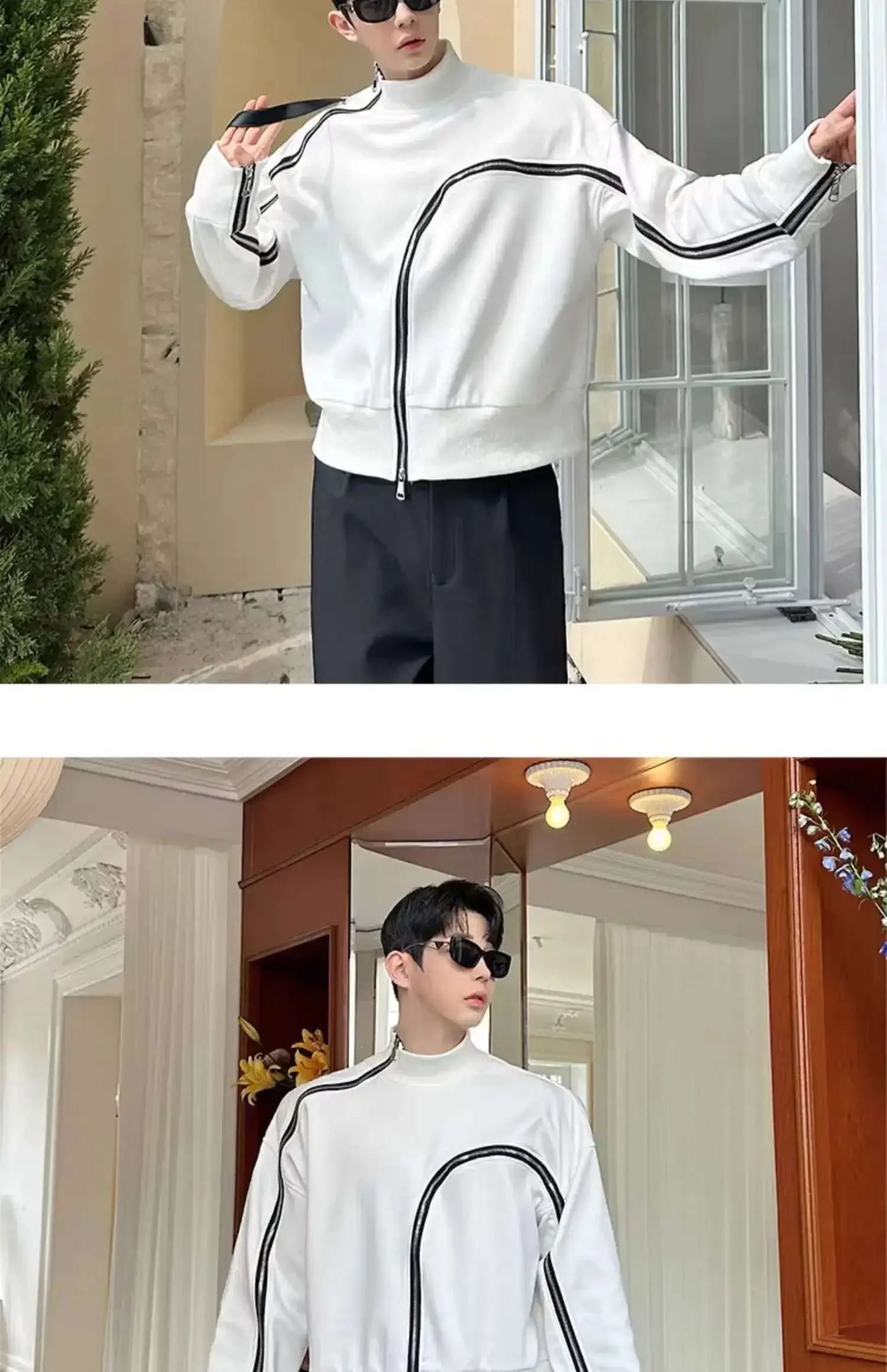 Men's Fashion Short Style Temperament Bottom Shirt Personalized Zipper Design Long Sleeve T-shirts